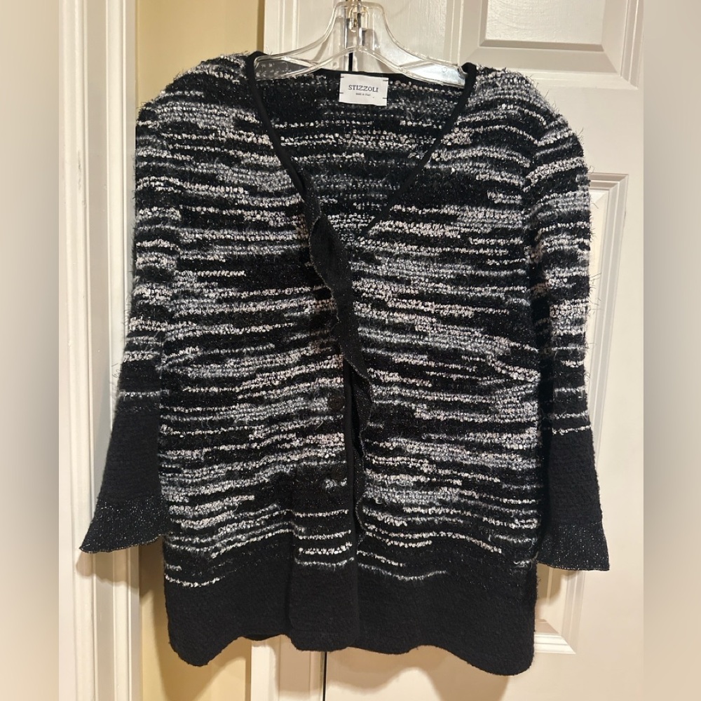 Stizzoli Made in Italy Black & Silver Textured Knit Jacket IT 54 (XL–XXL)